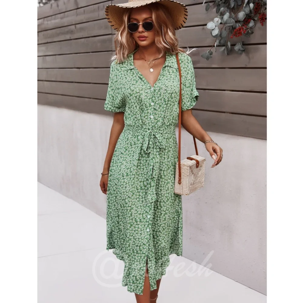 Green Floral Print Midi Dress Button Front V-Neck - Picture 4 of 16